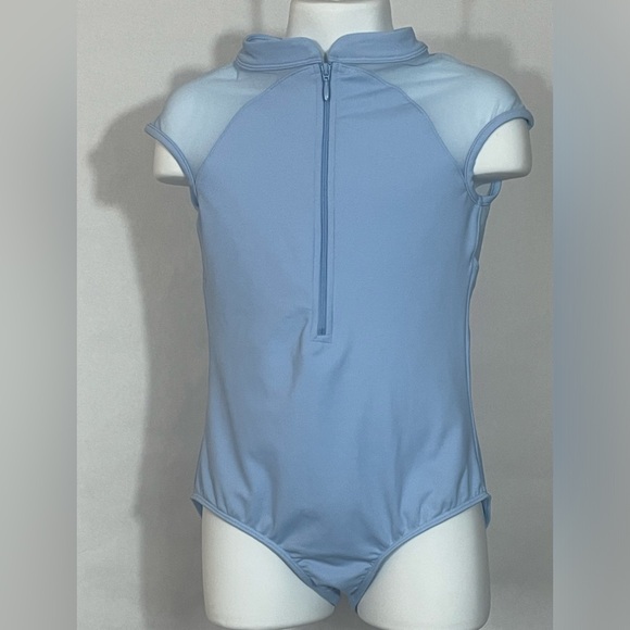 Bloch girls' leotard pastel blue 8-10 zip front cap sleeve sheer embroidery back - Picture 2 of 7